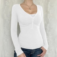 Womens V-neck Long Sleeve Knitted T-Shirt